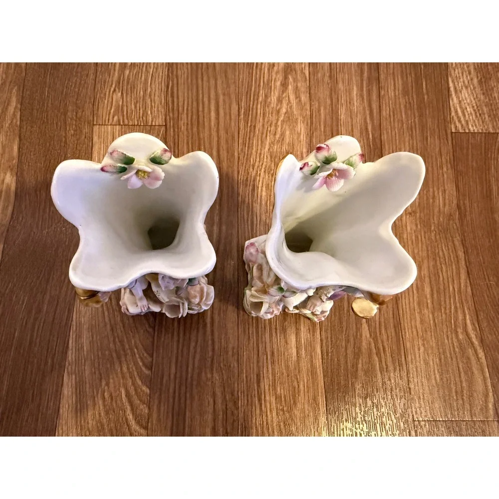 Vintage Porcelain Spill Vase Set‎ Boy Girl Figurine Hand Painted Floral Gold Rim